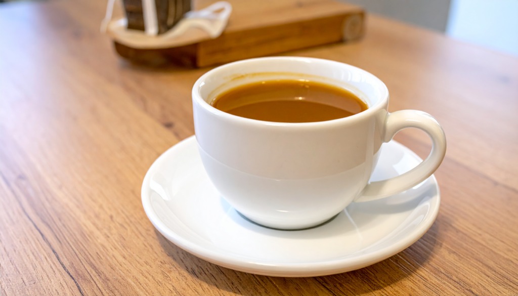 白い陶器のカップに入ったコーヒーが、白いソーサーに乗って木のテーブルに置かれている。湯気は立っていない。