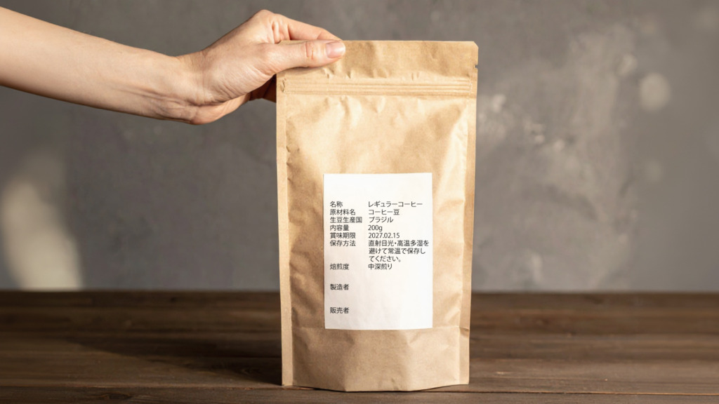 コーヒー豆の袋に貼られた表示ラベル。名称・原材料名・生豆生産国・内容量・賞味期限・保存方法・焙煎度が並び、焙煎日の欄はない。